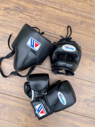 Complete Winning Black Boxing Gloves Set with Nose Bar Headgear