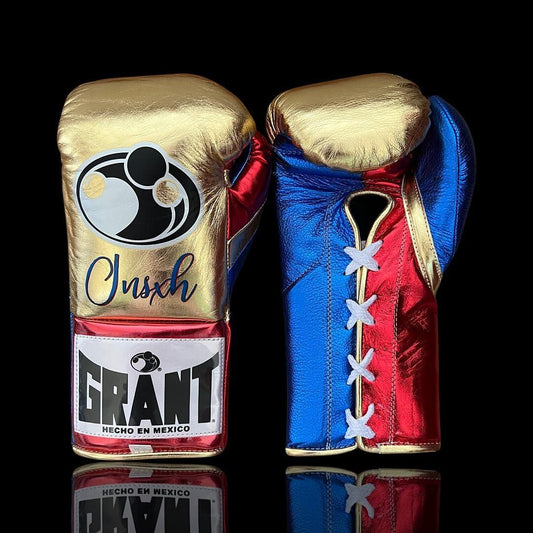 Grant Gold/Blue/Red Leather Boxing Gloves Heavy Duty Training Pair