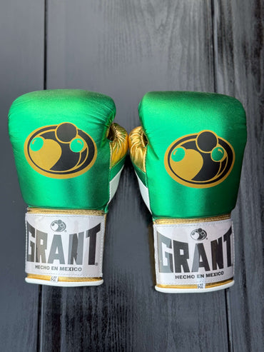 Grant Boxing Gloves Green/Gold/White Padded Leather Training Gloves Back View