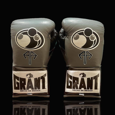 Grant Boxing Gloves Grey/Gold on Hands Training Action Shot Back View