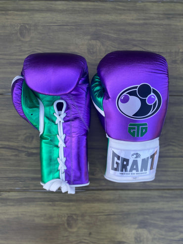 Grant Boxing Gloves Purple/Green/White Lace Up Leather Gloves Front View