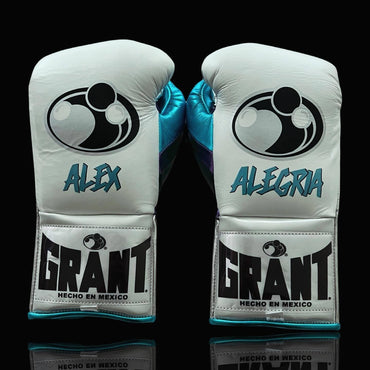 Grant White/Blue/Black Boxing Gloves Premium Leather Training Pair Back View