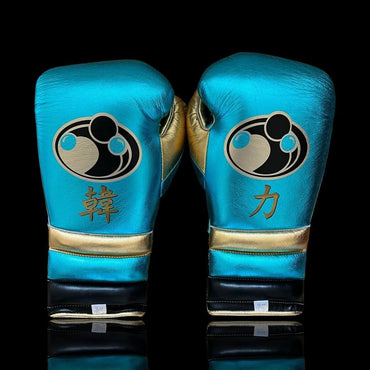 Grant Sky-Blue/Black/Gold Boxing Set Gloves Back View