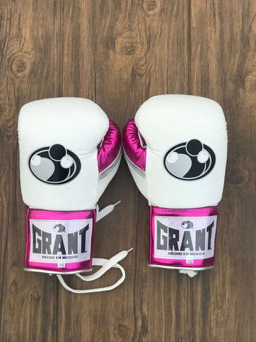 Grant Boxing Gloves White/Pink/Silver Leather Training Gloves Back View