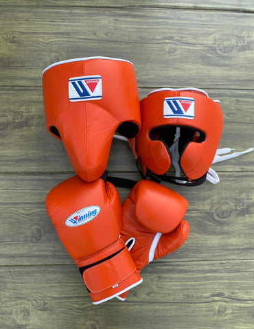 Winning Boxing Gloves Set | Cheek Protector Headguard & Groin Guard | Orange