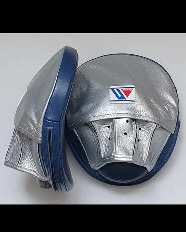 Pair of silver and blue boxing mitts with Winning logo