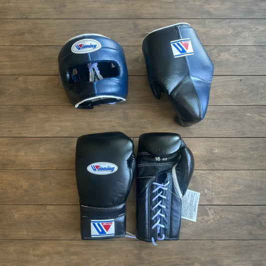 Winning Black Boxing Gloves Full Set with Nose Bar and Headgear