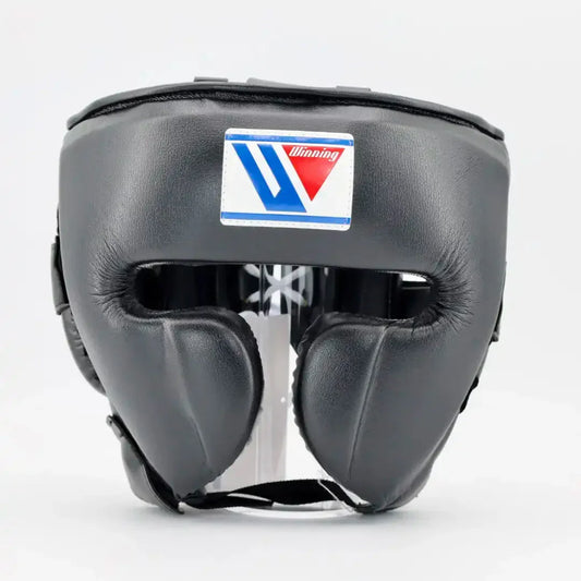 Winning Black Boxing Headguard with Cheek Protector Front View