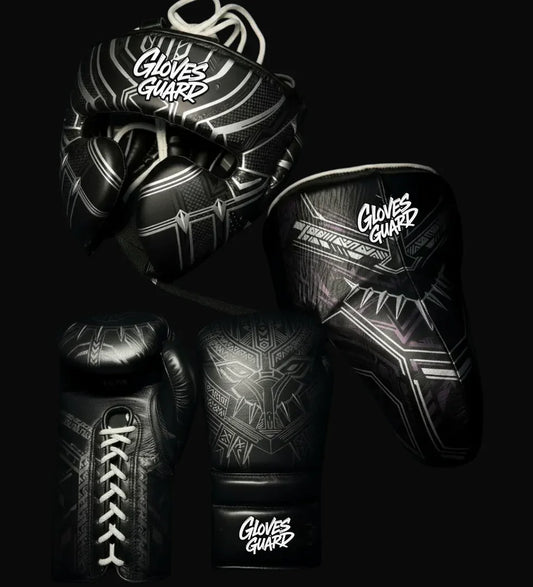 Black and white boxing gear with 'Gloves Guard' branding on a black background
