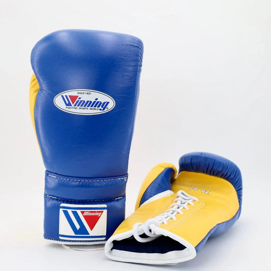 Image of Winning Blue/Yellow Lace-Up Boxing Gloves