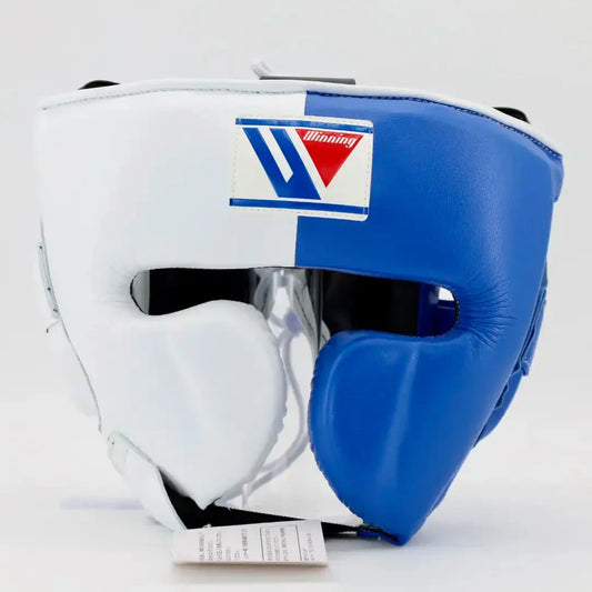Winning White/Blue Headguard with Cheek Protector Full View
