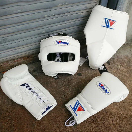 Winning White Boxing Gloves Set with Nose Bar Headgear Full View