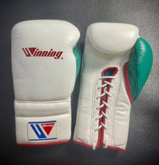 Winning White Green & Red Lace-Up Boxing Gloves Front Back View