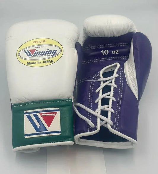 Image of Winning White/Purple/Green Boxing Gloves - Lace-up (Japanese Logo)