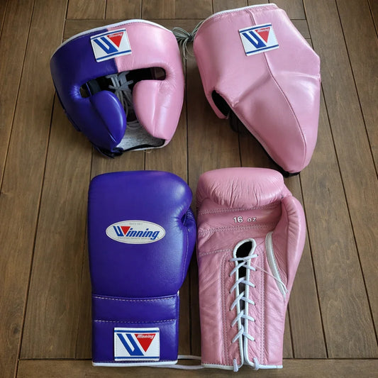 Winning Boxing Gloves Set | Cheek Protector Headguard & Groin Guard | Pink/Purple
