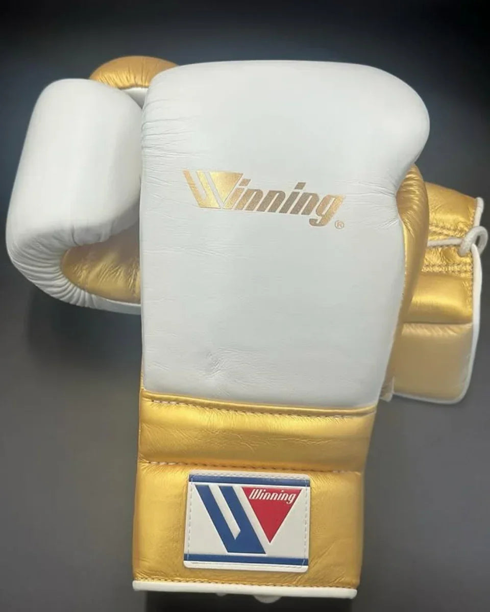 Image of Winning White and Gold Lace-Up Boxing Gloves
