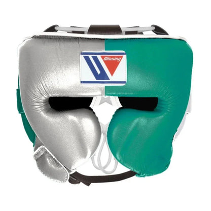 Front View of Winning Silver & Green Cheek Protector Boxing Headgear