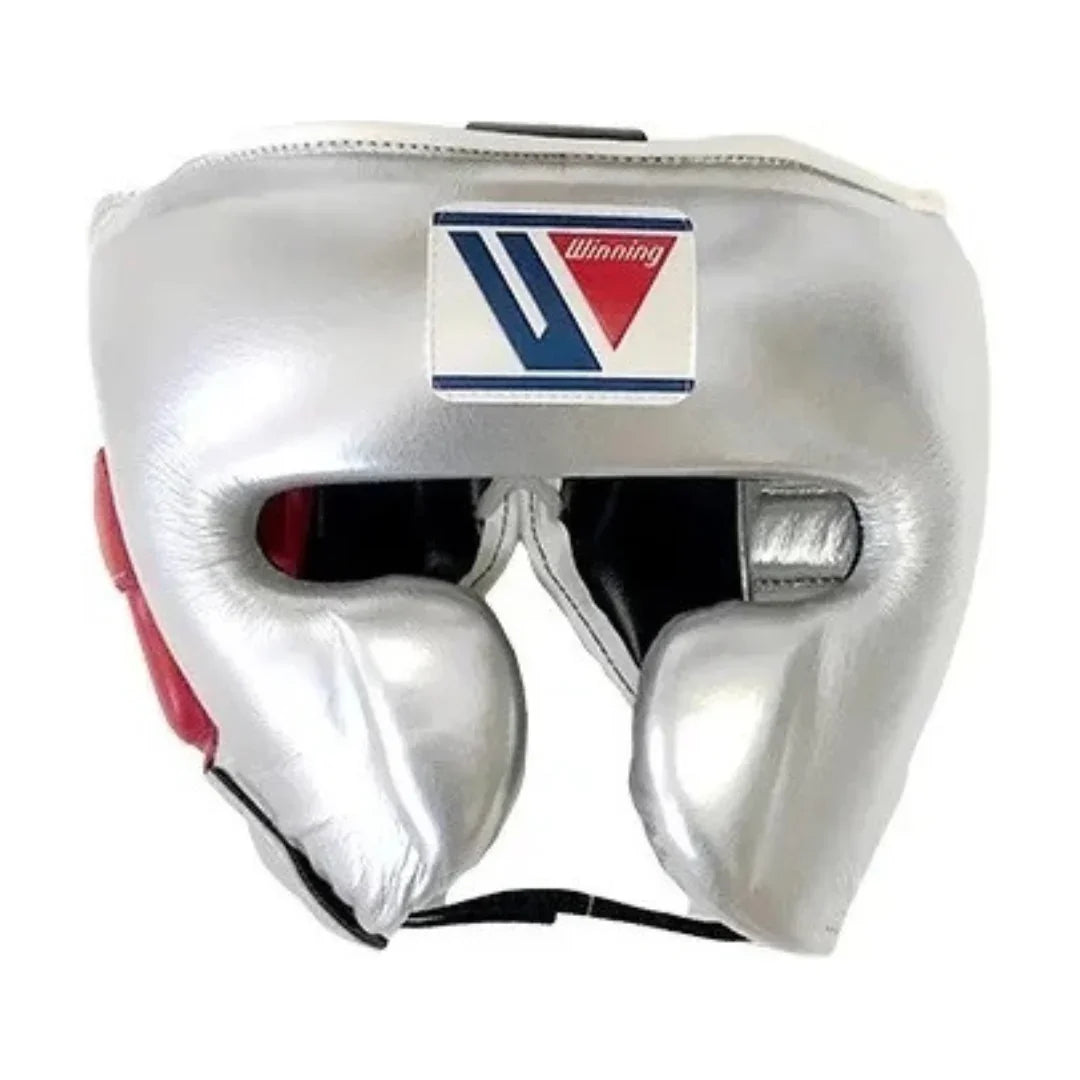 Front View of Winning Silver/Pink Cheek Protector Boxing Headgear