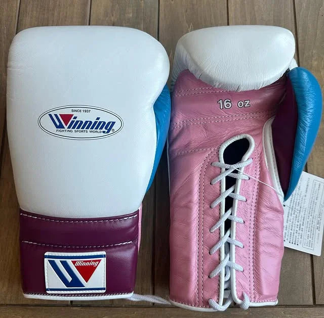 Image of front back Winning White/Pink/Blue Lace-Up Boxing Gloves