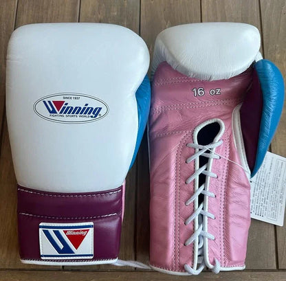 Image of front back Winning White/Pink/Blue Lace-Up Boxing Gloves