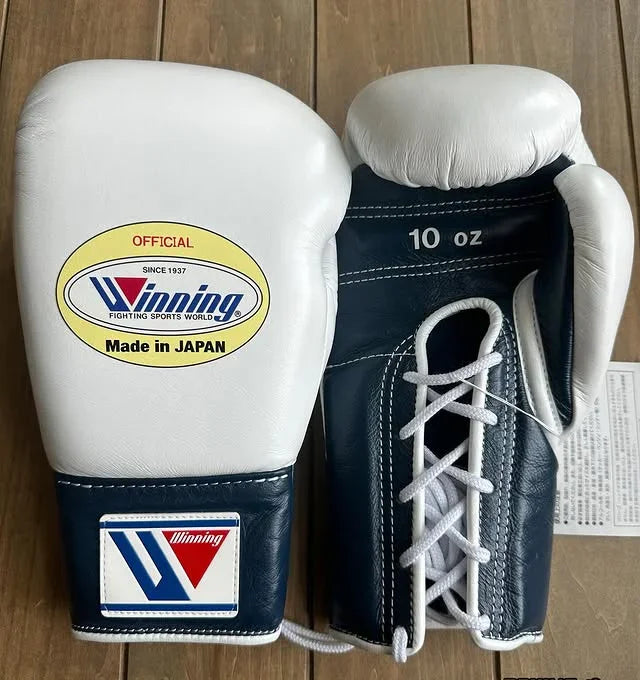 Front Back of Winning White/Blue Lace-Up Boxing Gloves (Japanese Logo)