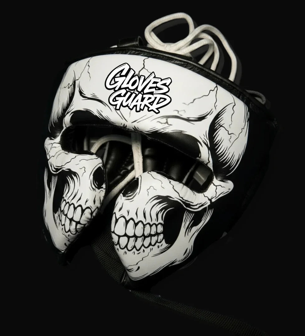 Boxing Headguard with skull design and 'Gloves Guard' branding on a black background