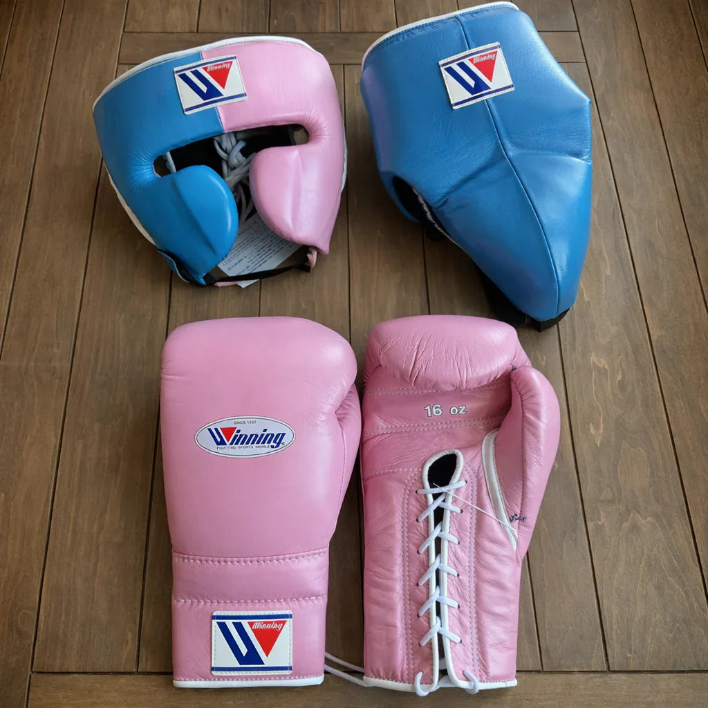 Winning Boxing Gloves Set | Cheek Protector Headguard & Groin Guard | Pink/Blue