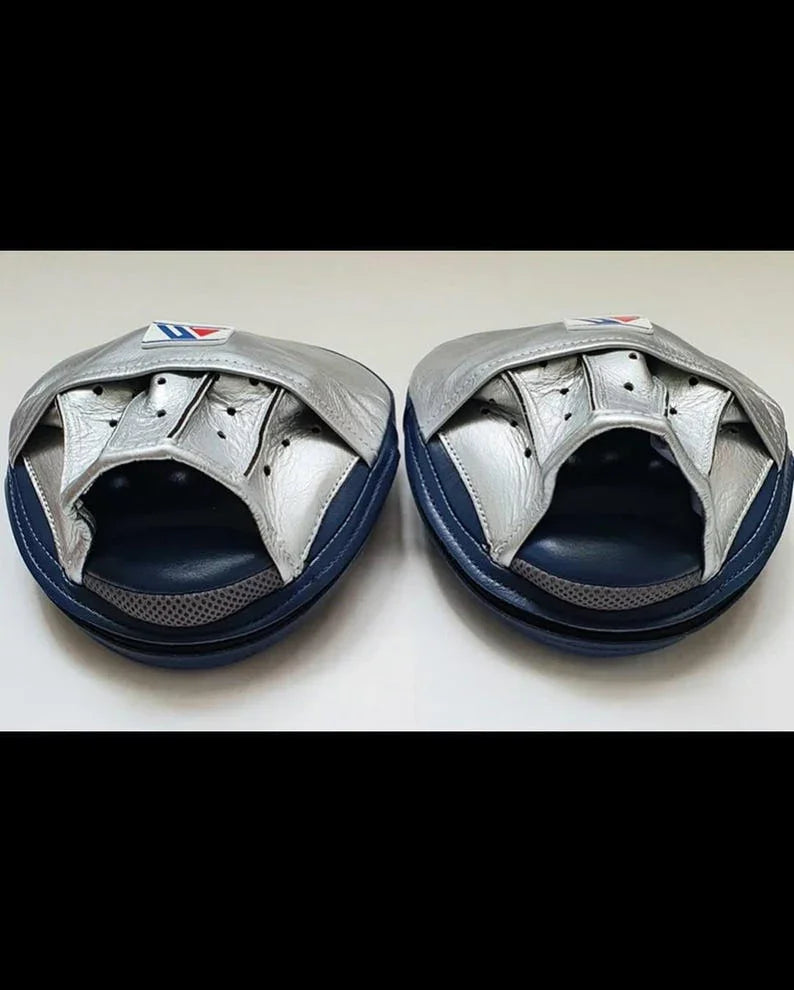 Pair of silver and blue Punching Mitts (front side)