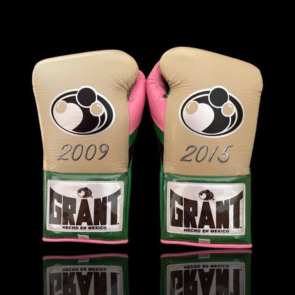 Grant Beige/Green/Pink Boxing Gloves Premium Leather Training Pair Back View