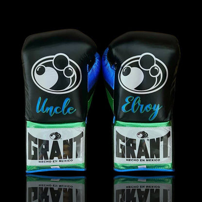 Grant Black/Blue/Green Leather Boxing Gloves Custom Fit Training Back View