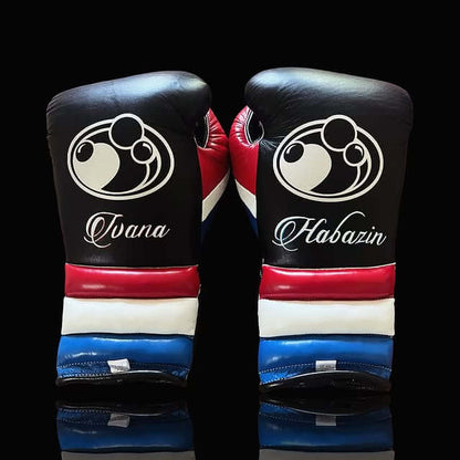 Grant Black/Red/White/Blue Leather Boxing Gloves Custom Fit Training Back View