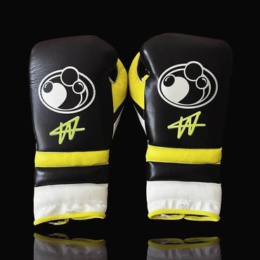 Grant Black/Yellow/White Leather Boxing Gloves Heavy Duty Training Pair Back View