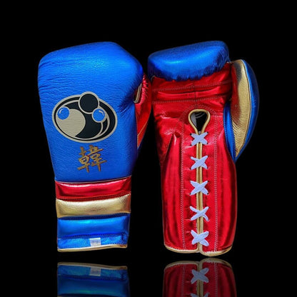Grant Blue/Red/Gold Leather Boxing Gloves Custom Fit Training