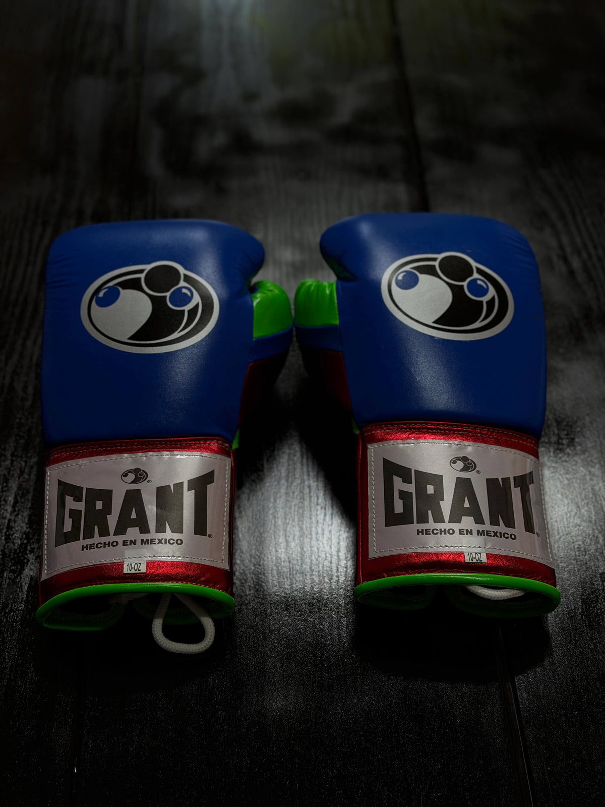 Grant Boxing Gloves Blue/Red/Green Curved Leather Gloves Back View