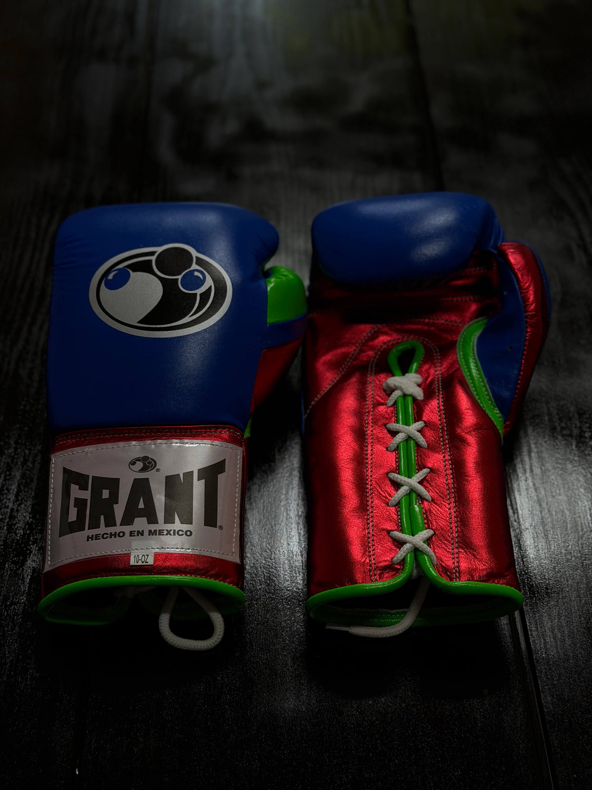 Grant Boxing Gloves Blue/Red/Green Curved Leather Gloves Front View