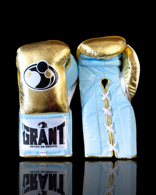 Grant Gold/Sky-Blue/Silver Boxing Gloves 14oz Premium Training Gloves