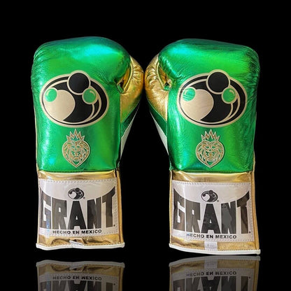 Grant Boxing Gloves Green/Gold 14oz Leather Training Gloves Back View