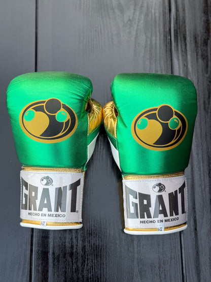 Grant Boxing Gloves Green/Gold/White Padded Leather Training Gloves Back View