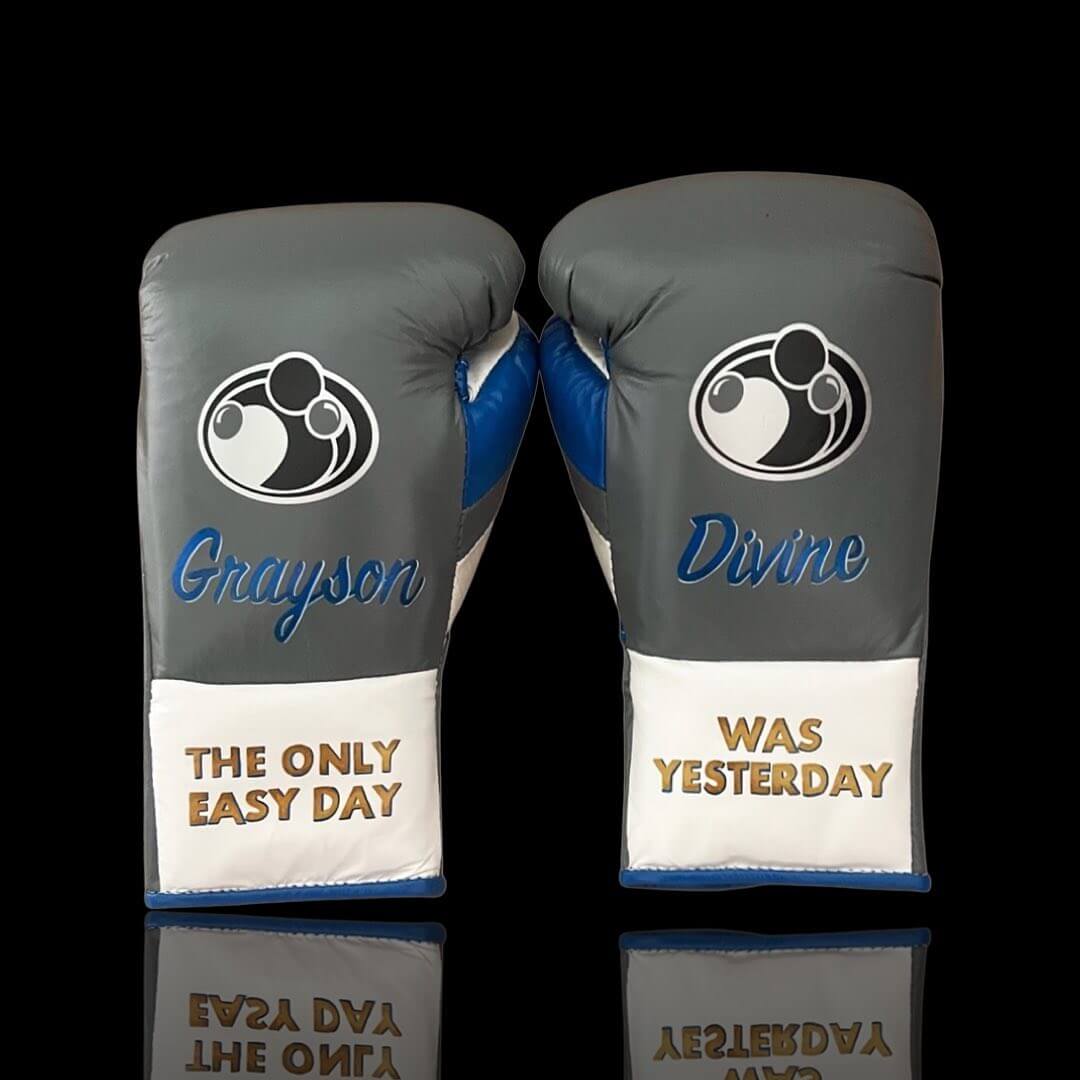 Grant Boxing Gloves Grey/White/Blue on Hands Training Gloves Back View