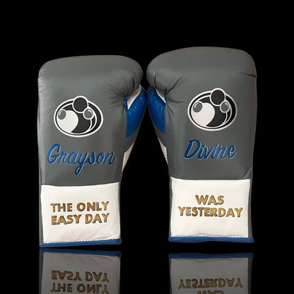 Grant Boxing Gloves Grey/White/Blue on Hands Training Gloves Back View