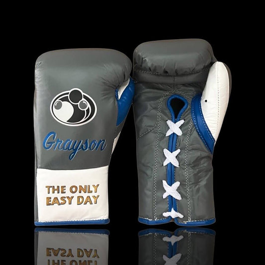 Grant Boxing Gloves Grey/White/Blue on Hands Training Action Shot