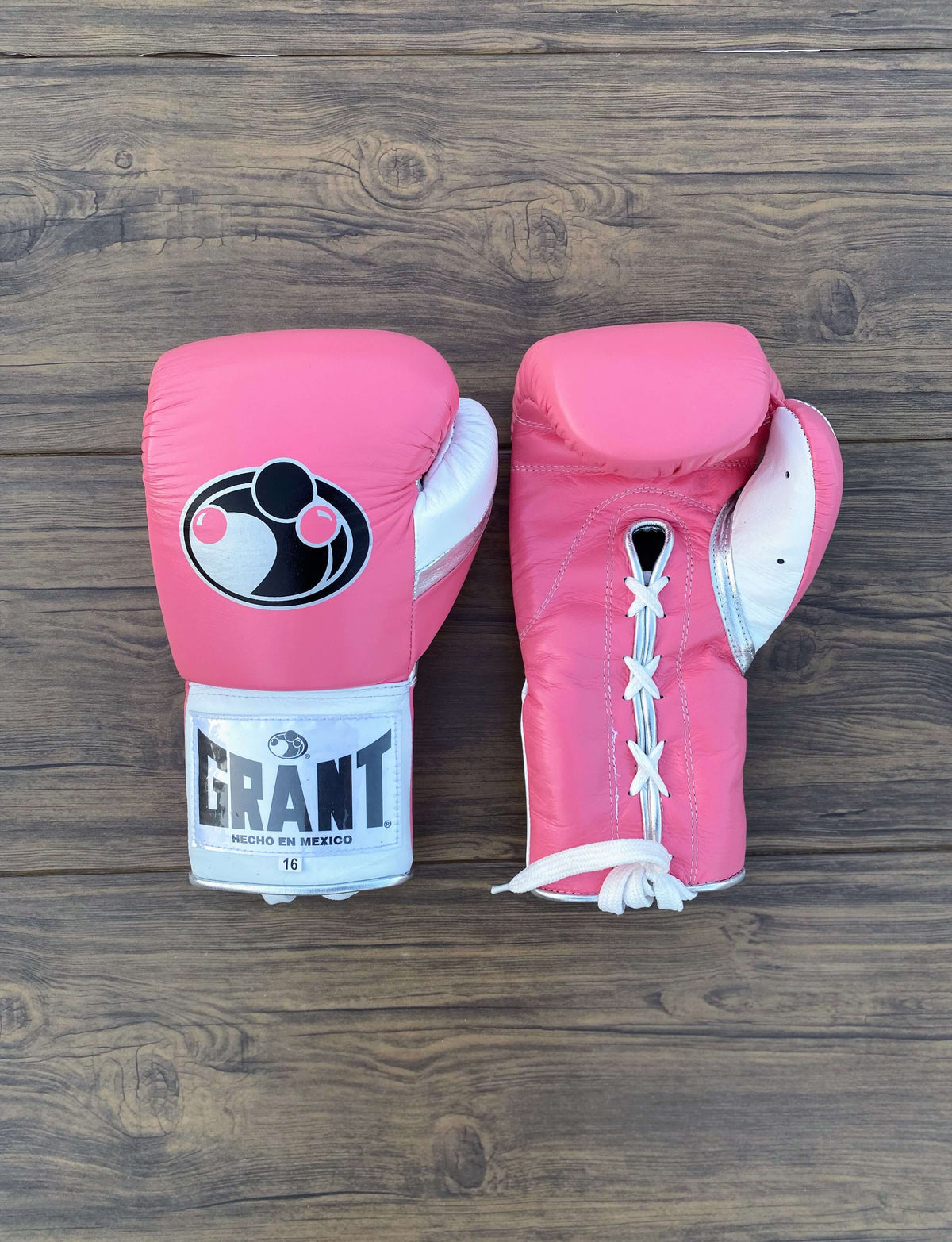 Grant Boxing Gloves Pink/White/Silver Leather Gloves Front View