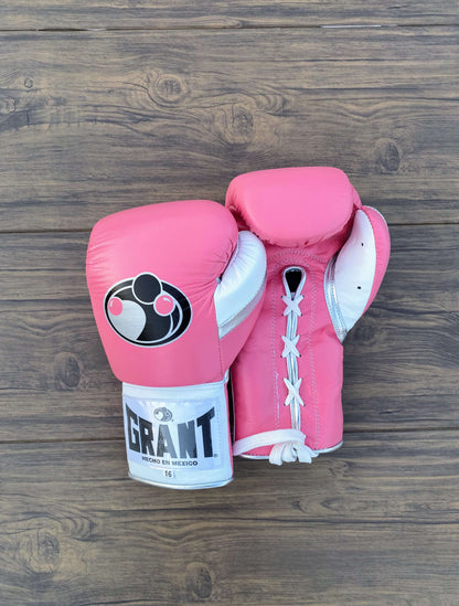 Grant Boxing Gloves Pink/White/Silver Leather Gloves for Fighting Practice