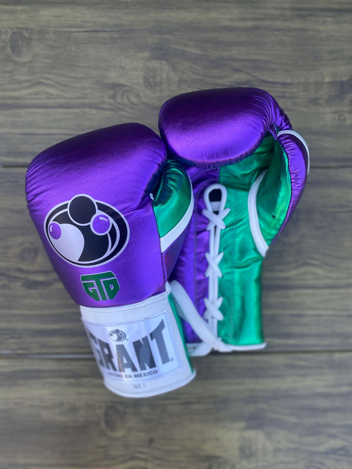 Grant Boxing Gloves Purple/Green/White Lace Up Leather Gloves for Combat Drills