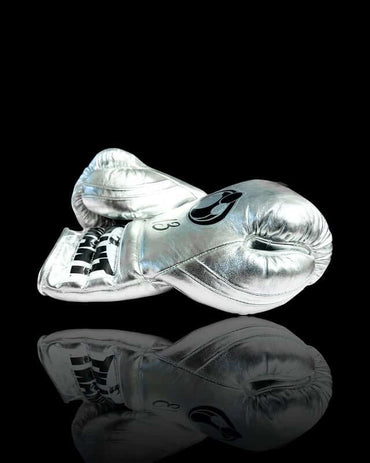 Grant Boxing Gloves Silver on Hands Training Action Shot Thumb View