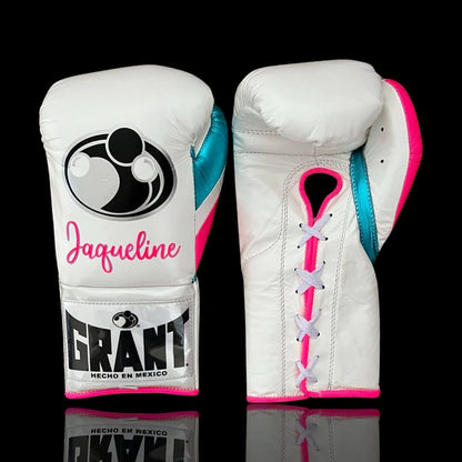 Grant White/Blue/Pink Leather Boxing Gloves Custom Fit Training
