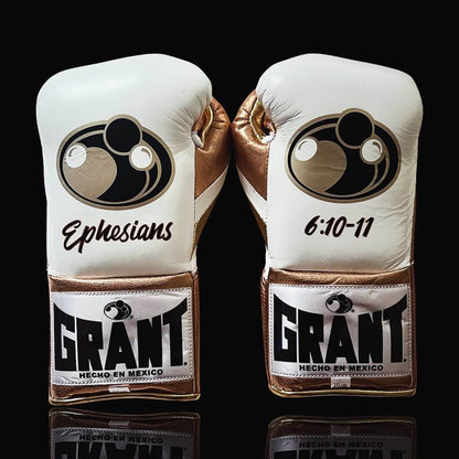 Grant White/Brown/Gold 14oz Boxing Gloves High Quality Gym Gloves Back View