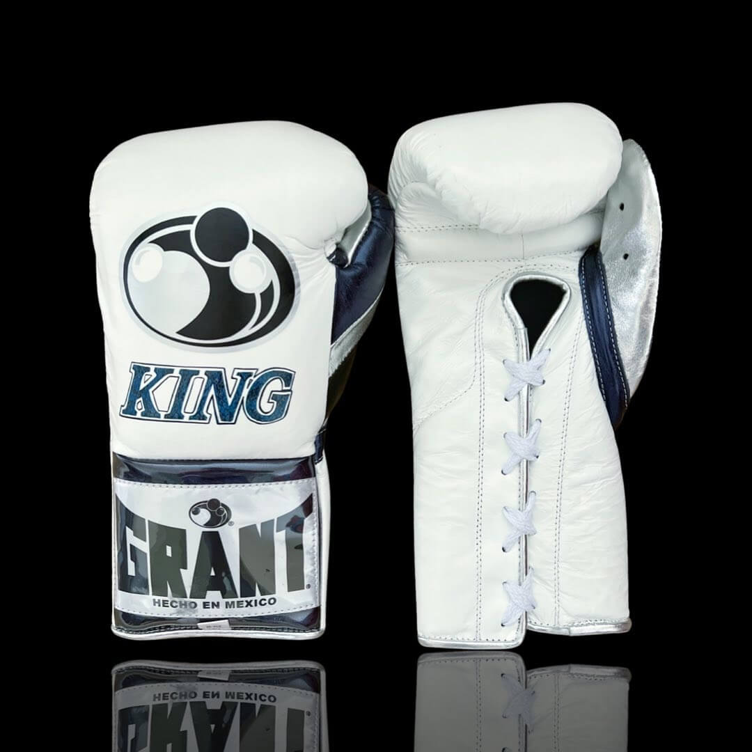 Grant White/Dark-Blue Lace-Up Boxing Gloves Close Up Detail
