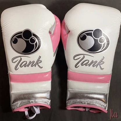 Grant White/Pink/Silver Leather Boxing Gloves Custom Fit Training Back View