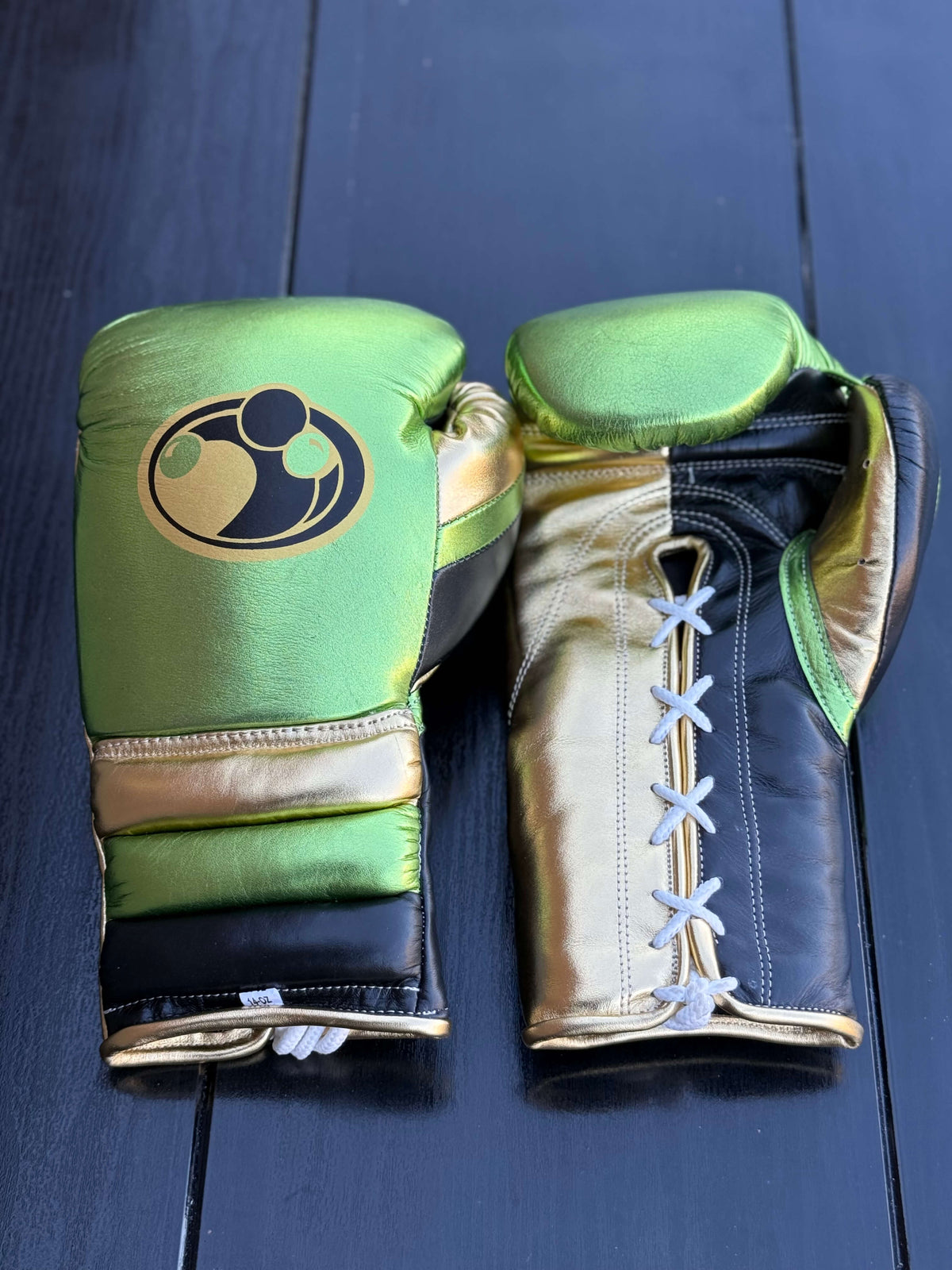 Grant Boxing Sets Green/Gold/Black Leather Gloves Front View